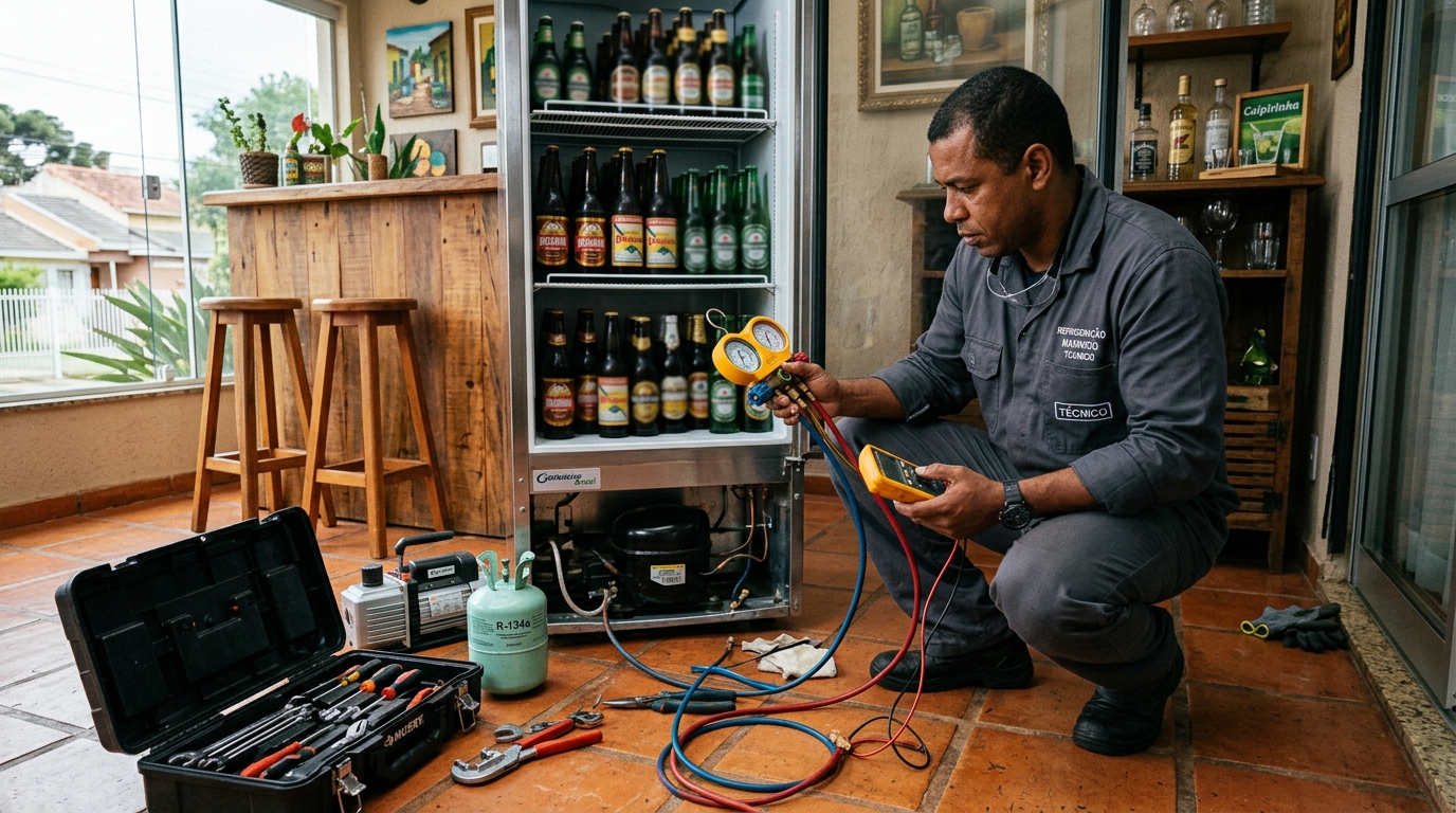 Técnico revisando o motor de uma cervejeira durante chamado em Londrina‑PR