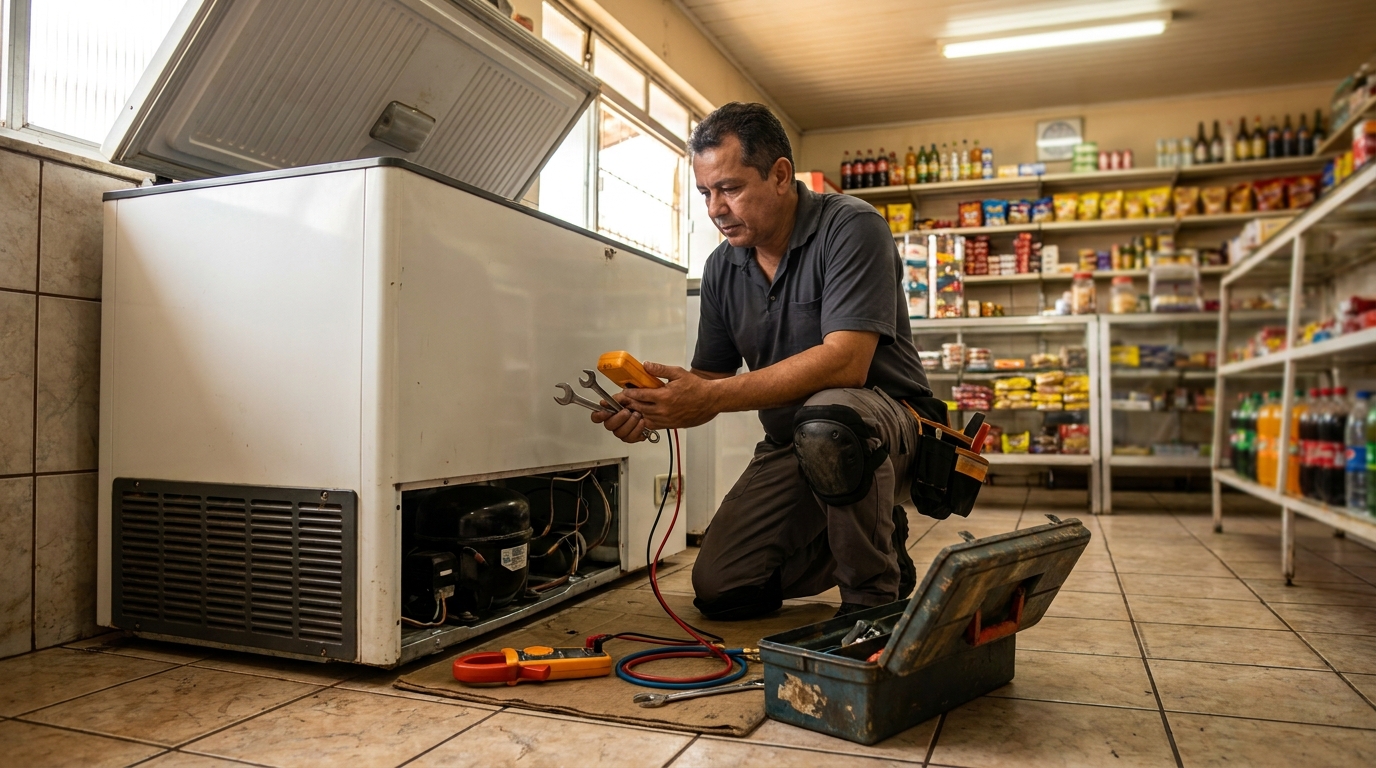 Técnico reparando o motor de um freezer horizontal em Londrina‑PR