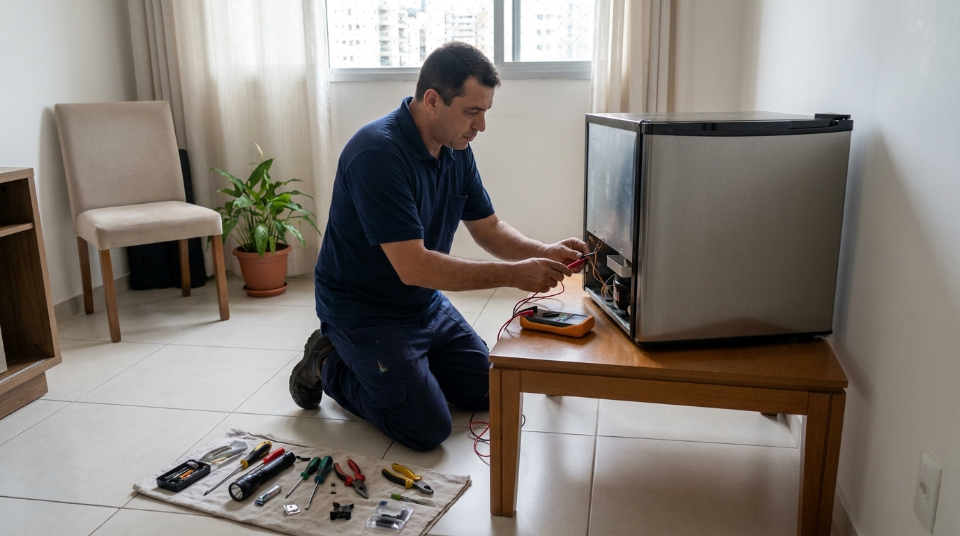 Técnico revisando o motor de um frigobar em Londrina‑PR